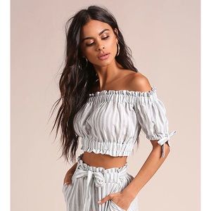 FAVLUX Pinstripe Ruched Off Shoulder Crop Top